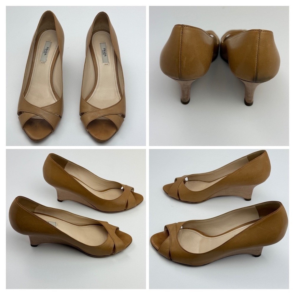 Prada Milano Women's Size 36.5 Tan Leather Peep Toe Wedge Heels Made in Italy - Picture 2 of 8
